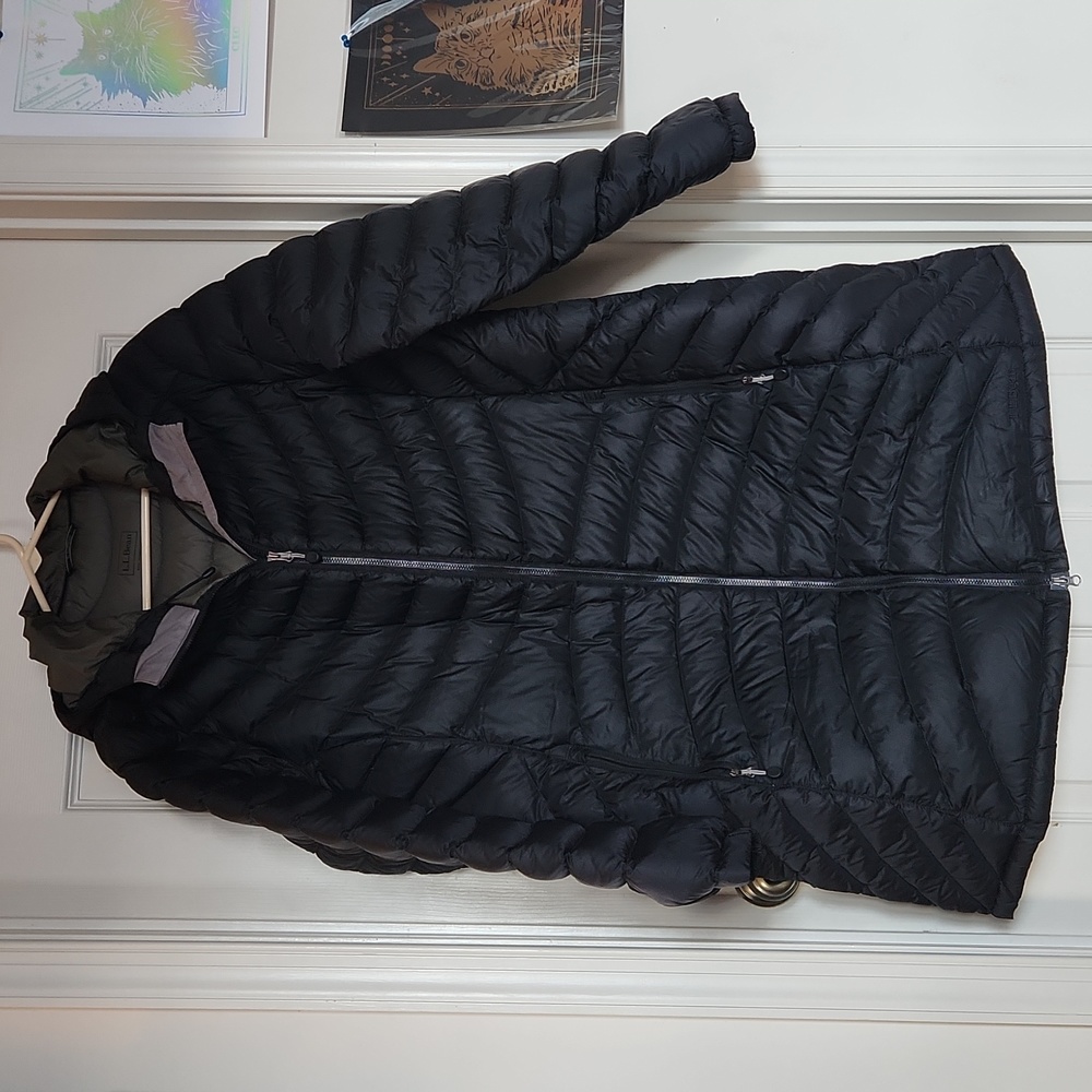 L.L. Bean Black Quilted Long Puffer Coat with Olive Lining